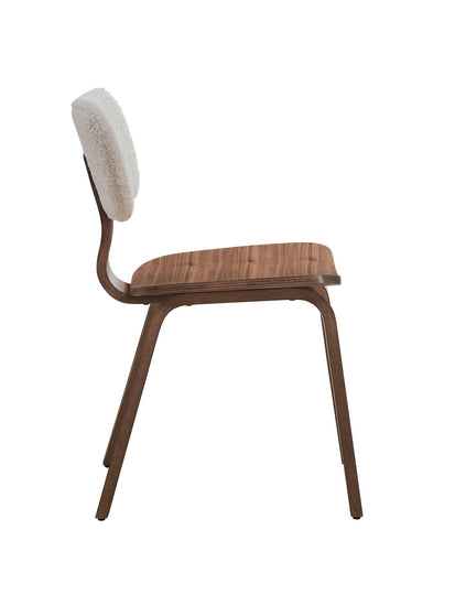 Pair of HouseOfZazla Casson Bouclé Walnut Side Chairs with white upholstery, modern dining chair set, stylish and comfortable.