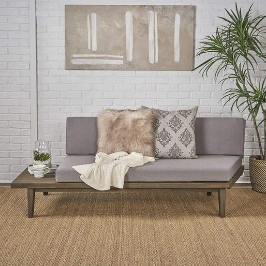 HouseOfZazla Hillcrest 2 Seater outdoor sofa with acacia wood frame and cushioned seating, designed for patio relaxation.