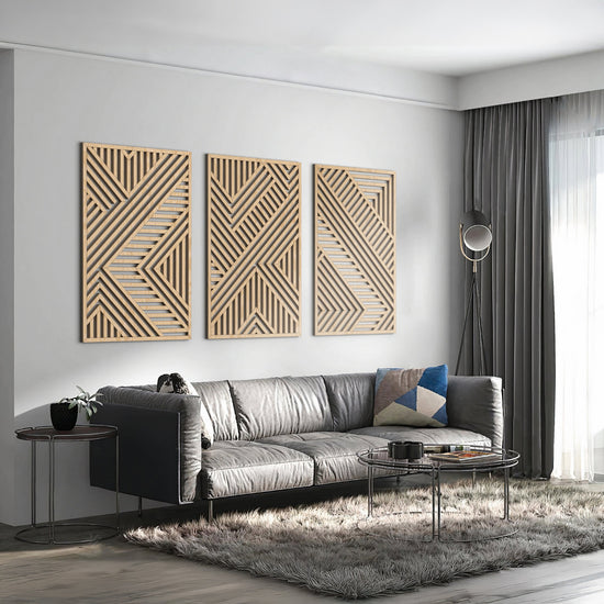 Three-panel geometric wood wall art set by VARBROS featuring modern minimalist CNC laser-cut wooden decor.