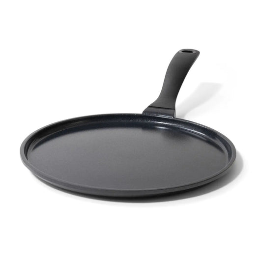 Alva Cookware 11-inch nonstick crepe and egg pan with a flat griddle surface for breakfast dishes.