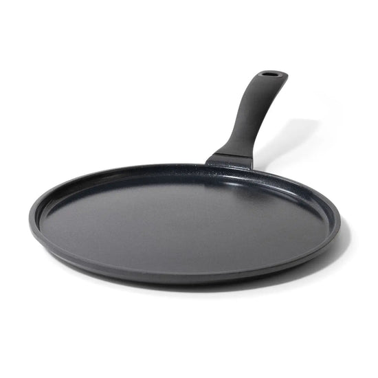 Alva Cookware 11-inch nonstick crepe and egg pan with a flat griddle surface for breakfast dishes.