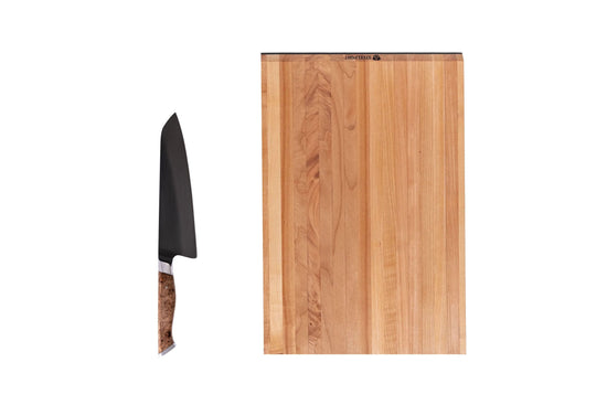 Steelport Knife Co. everyday knife and maple cutting board set, featuring a chef's knife and wooden board for meal prep.