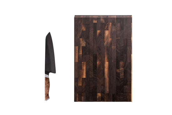 Steelport Knife Co. everyday knife and cutting board set displayed on white background, includes a chef's knife and a wooden cutting board.