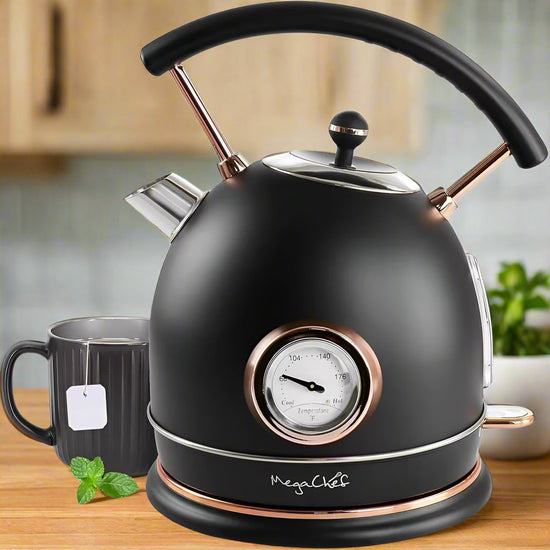 SmartPursue™ electric kettle with built-in thermometer, sleek design, and ergonomic handle for precise boiling temperature control.