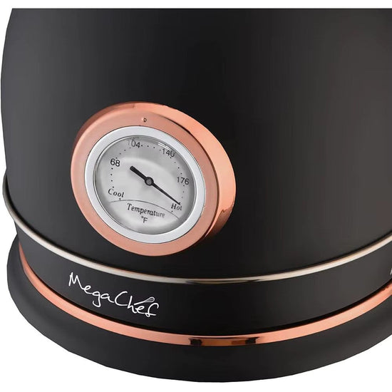 SmartPursue™ electric kettle with built-in thermometer, stainless steel body, and ergonomic handle for precise hot water heating.