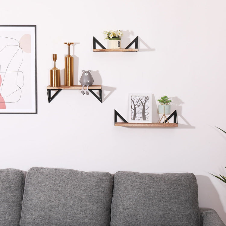 Floating Wall Shelves Set of 3 | Natural Wood Mounted Shelves for Bedroom Decor