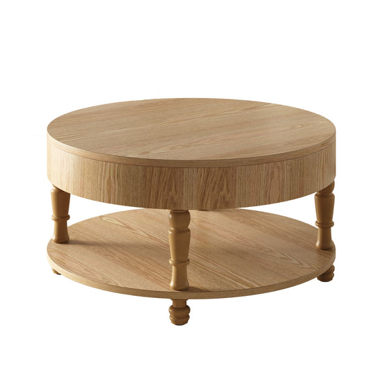 Round coffee table with lift-top dual storage, made of wood, from HouseOfZazla, featuring a sleek design and functional storage space.