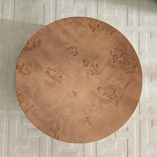 Burl wood veneer round coffee table with walnut pedestal base, 31.49 inches diameter, modern living room furniture.