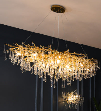 Decorbites Postmodern Light Luxury Chandelier with Water Drop Crystal Lamps hanging in a modern interior setting