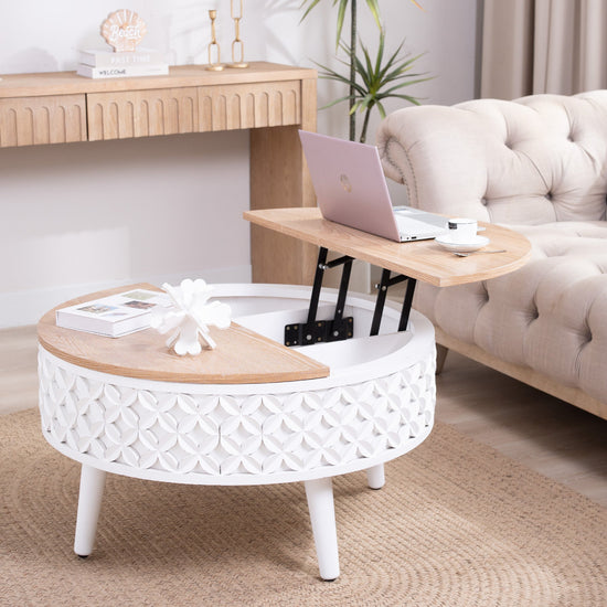 Boho farmhouse round coffee table with lift-top storage by HouseOfZazla, showing the wooden table with open lid and storage space inside