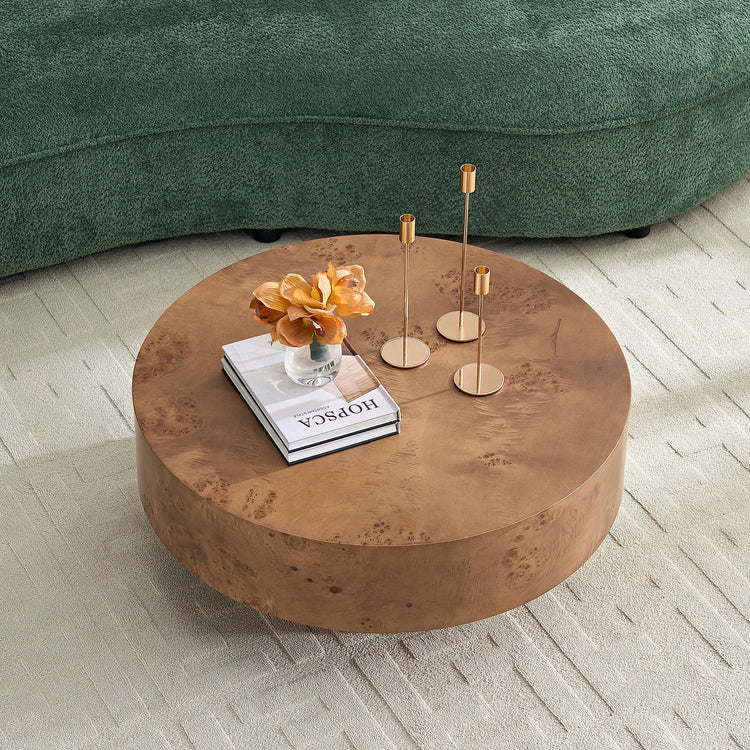 Round coffee table with burl wood veneer top and walnut pedestal base, modern design by HouseOfZazla.