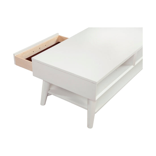White Flynn mid-century modern coffee table by Alpine Furniture with mahogany solid wood, drawer storage, and splayed legs.