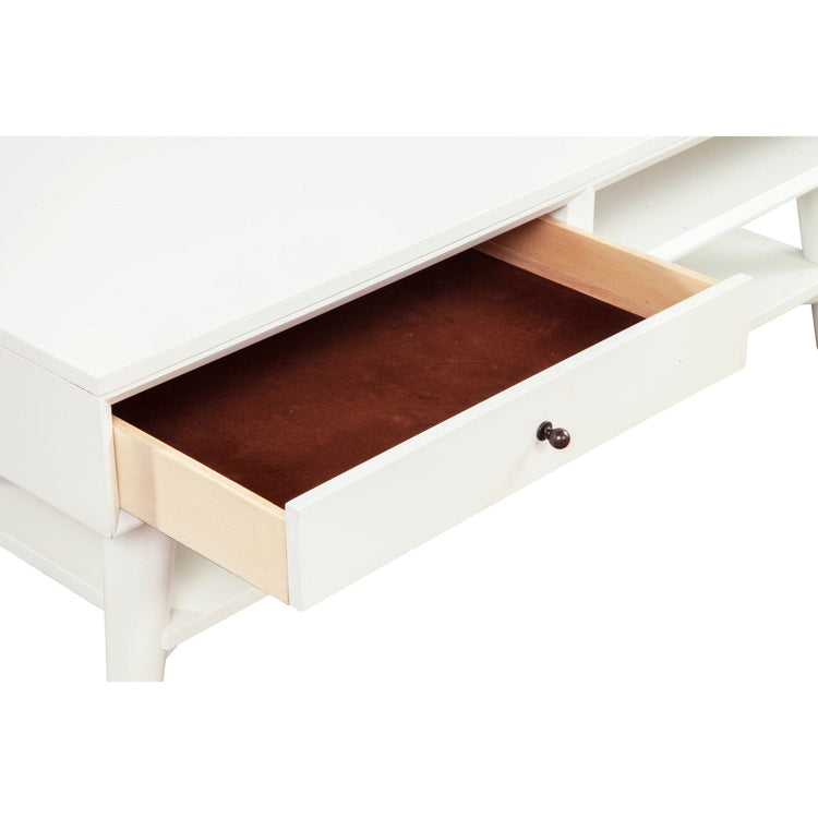 White Flynn mid-century modern coffee table by Alpine Furniture with mahogany wood, drawer storage, and splayed legs.