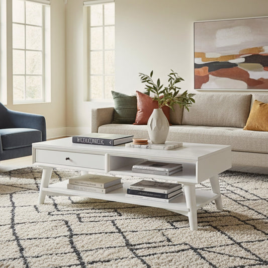White Flynn mid-century modern coffee table by Alpine Furniture with mahogany wood, drawer storage, and splayed legs.