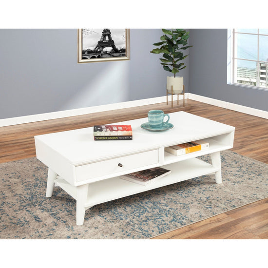 White Flynn mid-century modern coffee table with mahogany solid wood, drawer storage, and splayed legs from Alpine Furniture.