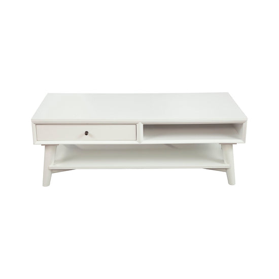 White Flynn mid-century modern coffee table by Alpine Furniture with mahogany wood, drawer storage, and splayed legs.