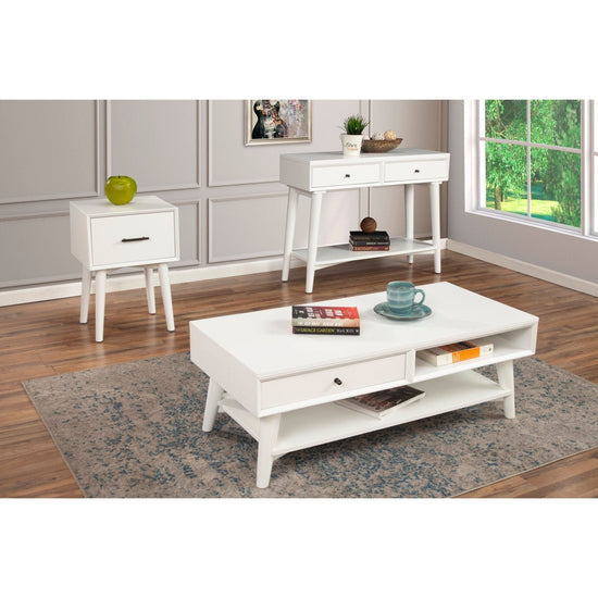 Flynn white mid-century modern coffee table by Alpine Furniture with mahogany solid wood, drawer storage, and splayed legs.