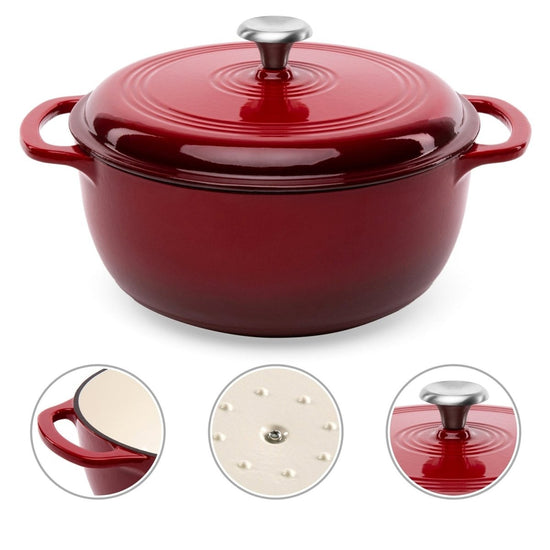 6 Quart Large Red Enamel Cast-Iron Dutch Oven Kitchen Cookware - Modern Home & Kitchen