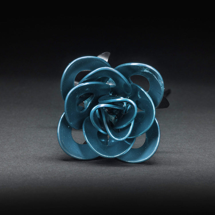 Light blue and black steel immortal rose made from recycled metal, decorative home and garden art by Turquoise Poppy.