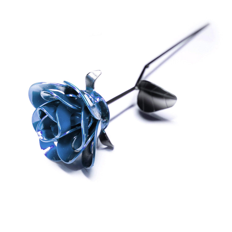 Light blue and black steel immortal rose made from recycled metal, decorative home and garden sculpture by Turquoise Poppy.