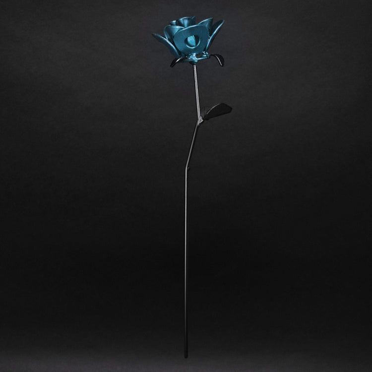 Light blue and black steel immortal rose made from recycled metal, decorative home and garden ornament by Turquoise Poppy.