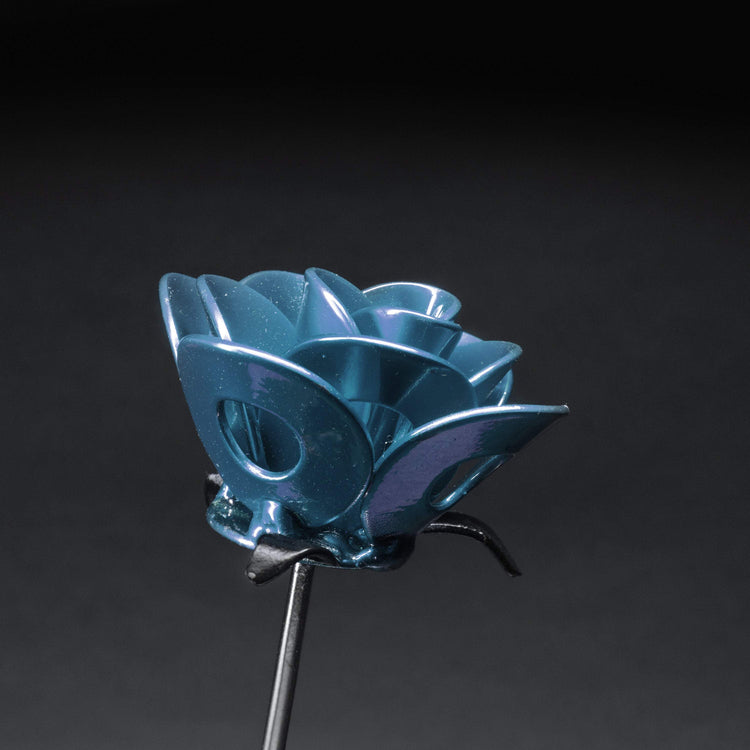 Light blue and black steel immortal rose made from recycled metal, designed for home and garden decor by Turquoise Poppy.