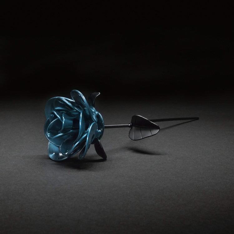 Light blue and black steel immortal rose with recycled metal petals, decorative home and garden ornament by Turquoise Poppy