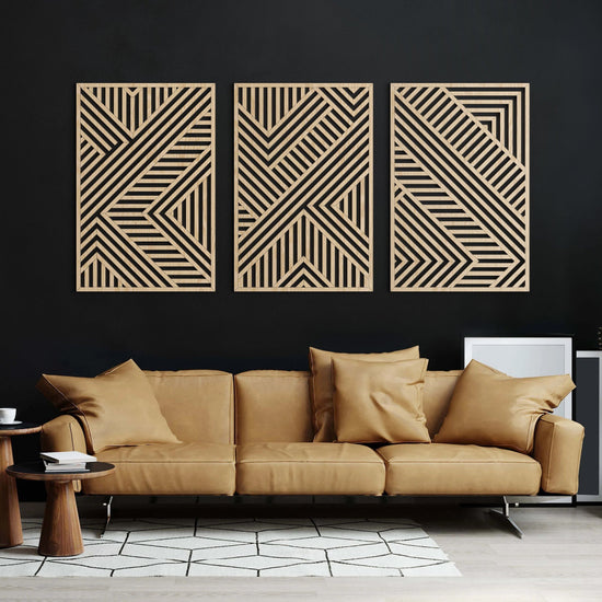 Modern geometric trio wood wall art set with CNC laser-cut panels, minimalist design, decorative wall decor by VARBROS.
