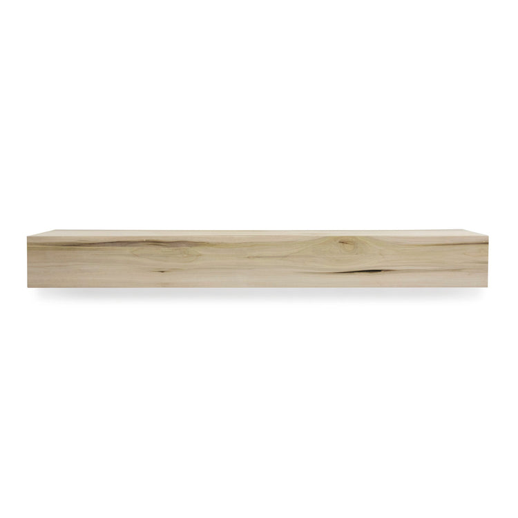 Farmhouse-style poplar wood floating fireplace mantel by Dogberrycollections, showcasing a sleek, natural wood finish and modern design.