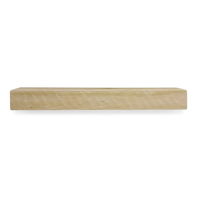 Rough hewn poplar fireplace mantel shelf by Dogberrycollections with hand-adze texture in various finishes, 36 to 72 inches long.