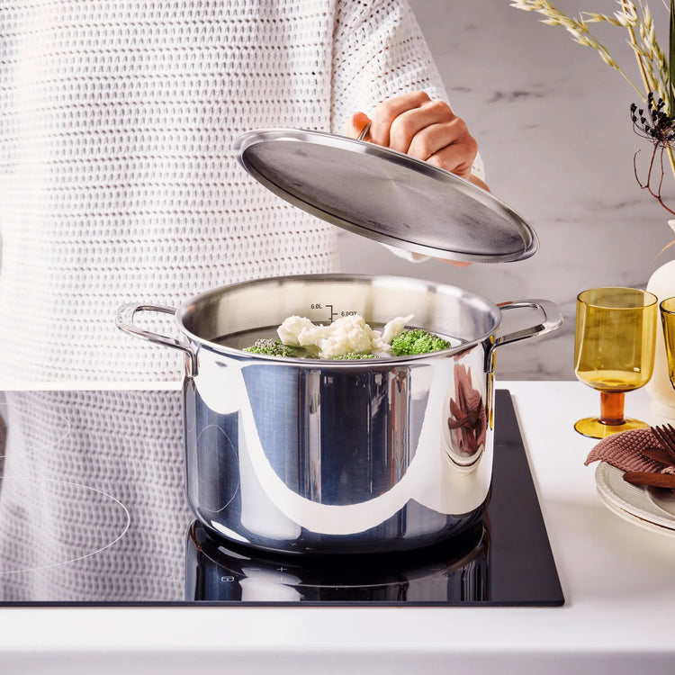 Alva Cookware 6-piece cookware set with pots and pans featuring stainless steel construction and ergonomic handles.