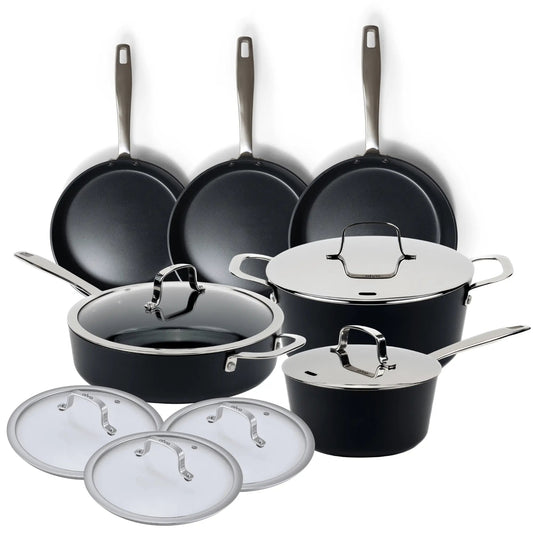 Alva Cookware 12-piece cookware set includes pots and pans with stainless steel handles, ideal for versatile kitchen cooking.