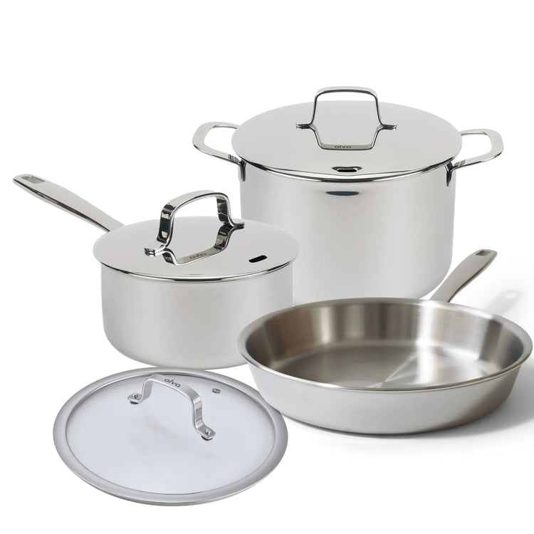 Alva Cookware 6-piece cookware set with pots and pans, stainless steel and non-stick surfaces, suitable for all stove types.