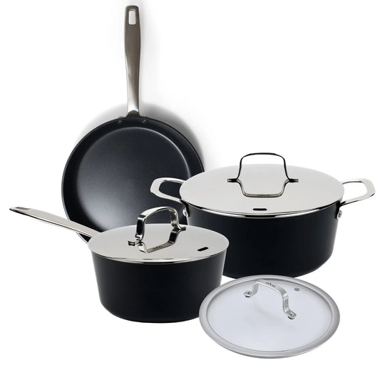 Alva Cookware 6-piece cookware set includes pots and pans with lids, stainless steel handles, ideal for versatile kitchen cooking.