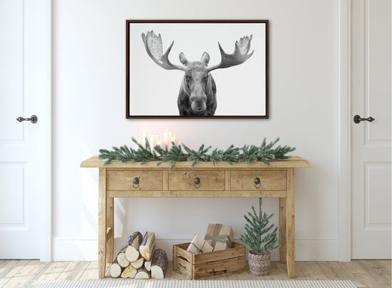 Black and white moose framed canvas wall art by Amy Peterson Art Studio, featuring detailed wildlife illustration.