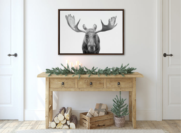 Black and white moose framed canvas wall art by Amy Peterson Art Studio, featuring detailed wildlife illustration.