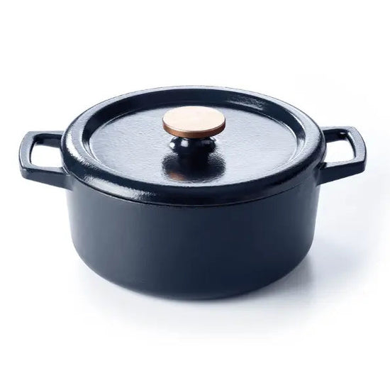 5 QT round Dutch oven by Alva Cookware, featuring a sturdy cast iron design with a smooth black finish.