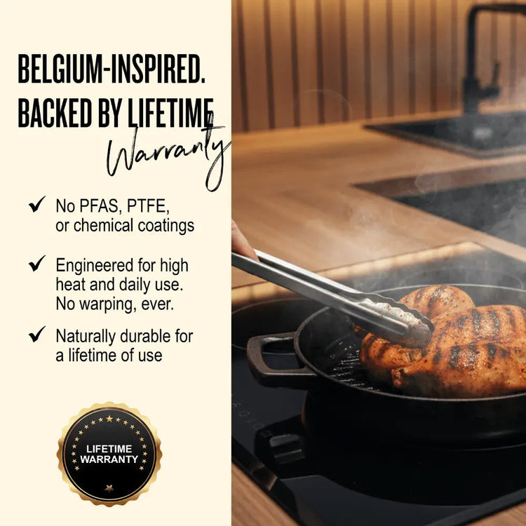 Alva Cookware 11-inch grill pan with ridged surface for grilling vegetables, meats, and seafood on the stovetop.