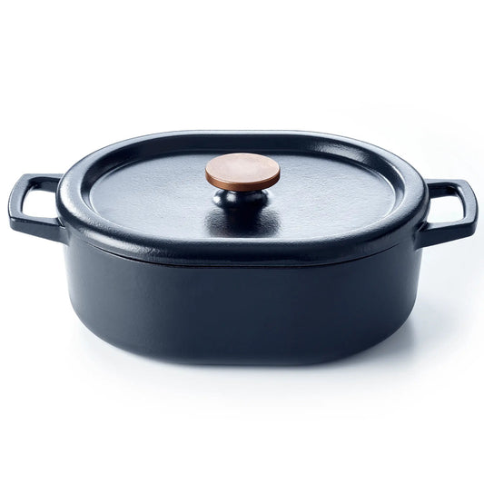 Alva Cookware 6 QT oval Dutch oven in black with sturdy handles and a smooth glazed interior for versatile cooking.