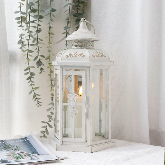 White 12-inch medium decorative candle lantern with gold brush accents, perfect for outdoor use, by JHY DESIGN.
