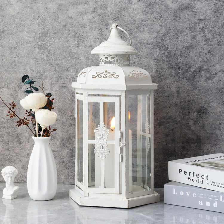 White and gold brushed 12-inch medium decorative candle lantern by JHY DESIGN, outdoor outdoor candle holder with glass sides