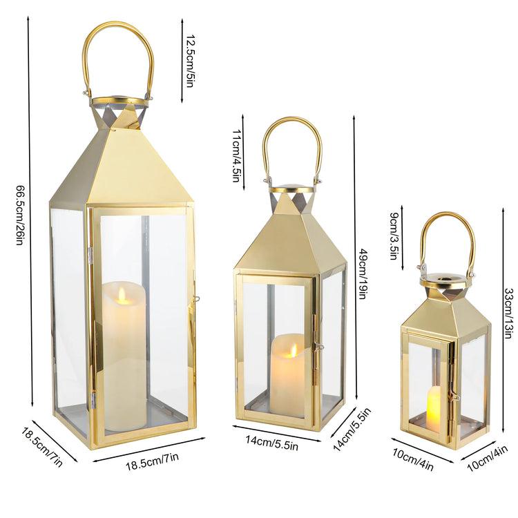 Candle Lantern Set of 3 — Iron and Tempered Glass Lanterns, 26", 19", 13"