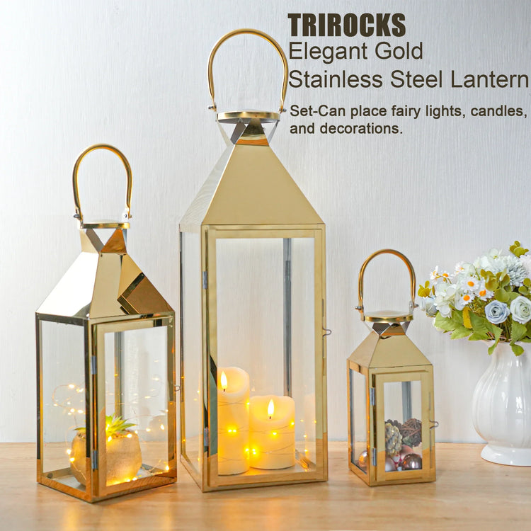 Candle Lantern Set of 3 — Iron and Tempered Glass Lanterns, 26", 19", 13"