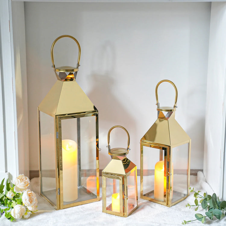Candle Lantern Set of 3 — Iron and Tempered Glass Lanterns, 26", 19", 13"