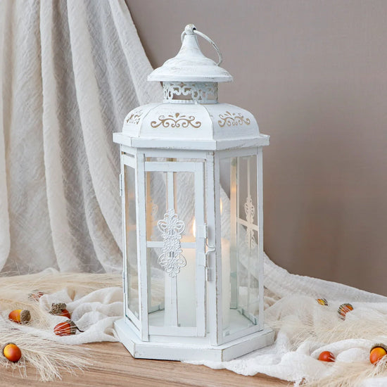 White and gold brush medium 12-inch decorative candle lantern by JHY DESIGN, perfect for outdoor porch decor.
