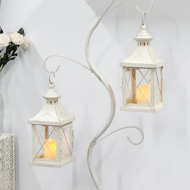 White and Gold Candle Lanterns — Set of 2, 11" Metal and Glass