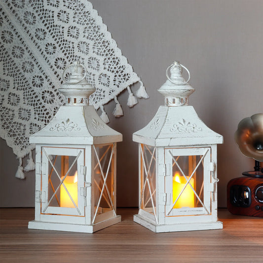 White and Gold Candle Lanterns — Set of 2, 11" Metal and Glass
