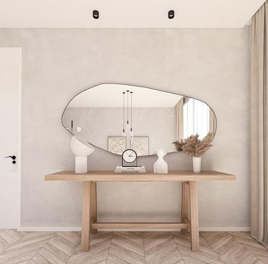 Asymmetrical Wooden Framed Wall Mirror - Modern Dressing Mirror for - Modern Home & Kitchen