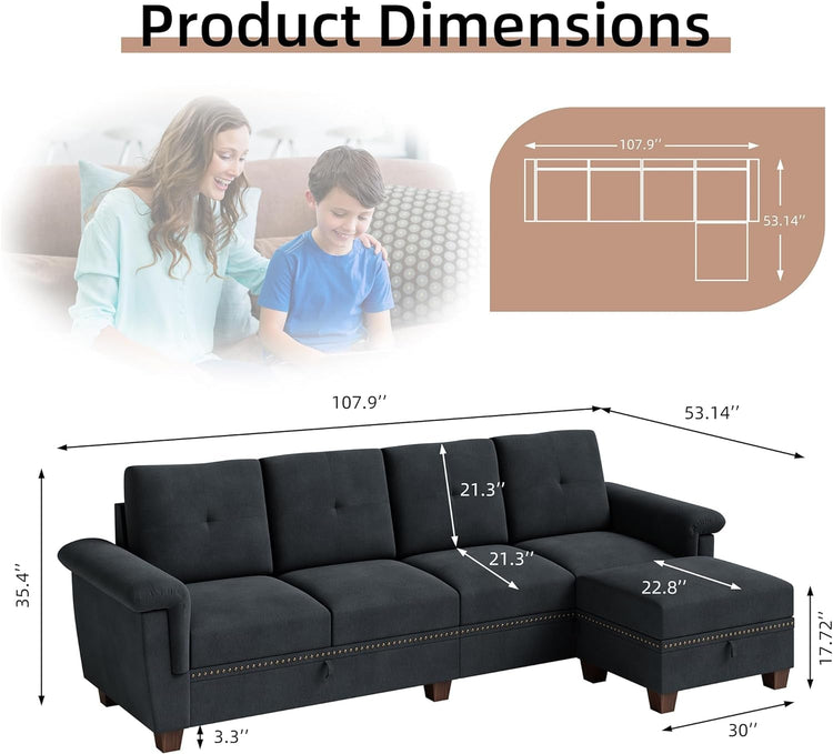Dark Gray L-Shaped Sectional Sofa with Hidden Storage & Chaise - Modern Home & Kitchen