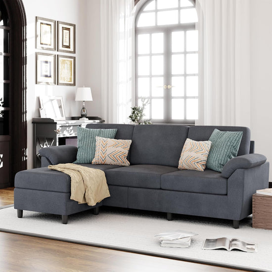 Gray Linen Sectional Sofa with Pillows - Modern Home & Kitchen